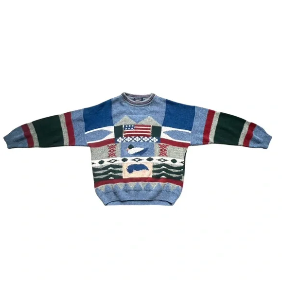 Vintage Austin Reed - Crewneck Americana Wool Sweater Cottage Grandpa Blue Large - Picture 4 of 5